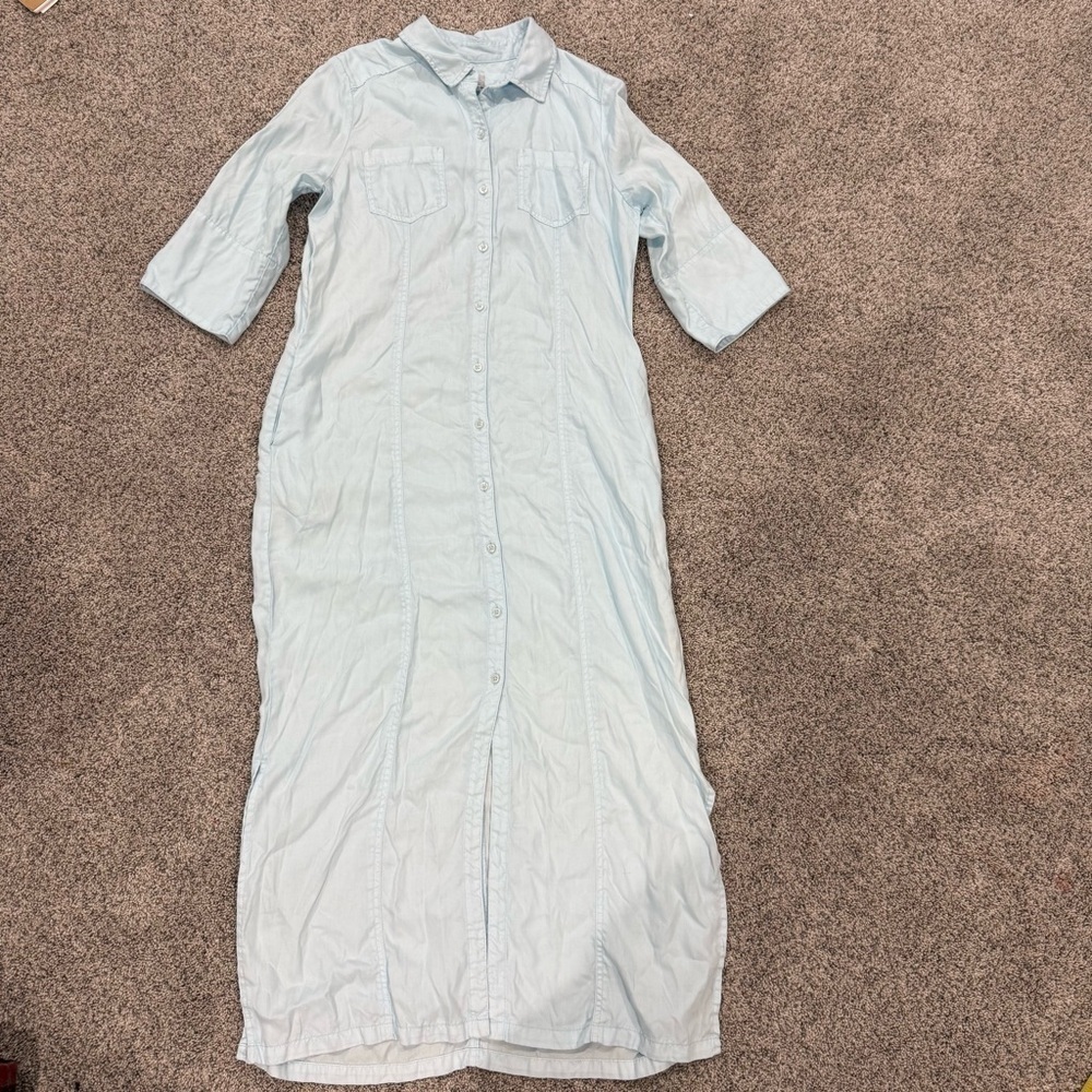 Chico’s Baby Blue Tencel Fold Sleeve Maxi Side Slit Shirt Dress Women’s US 8
